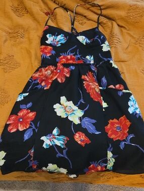 American Eagle Outfitters Black Floral-Trim Spaghetti Strap Dress